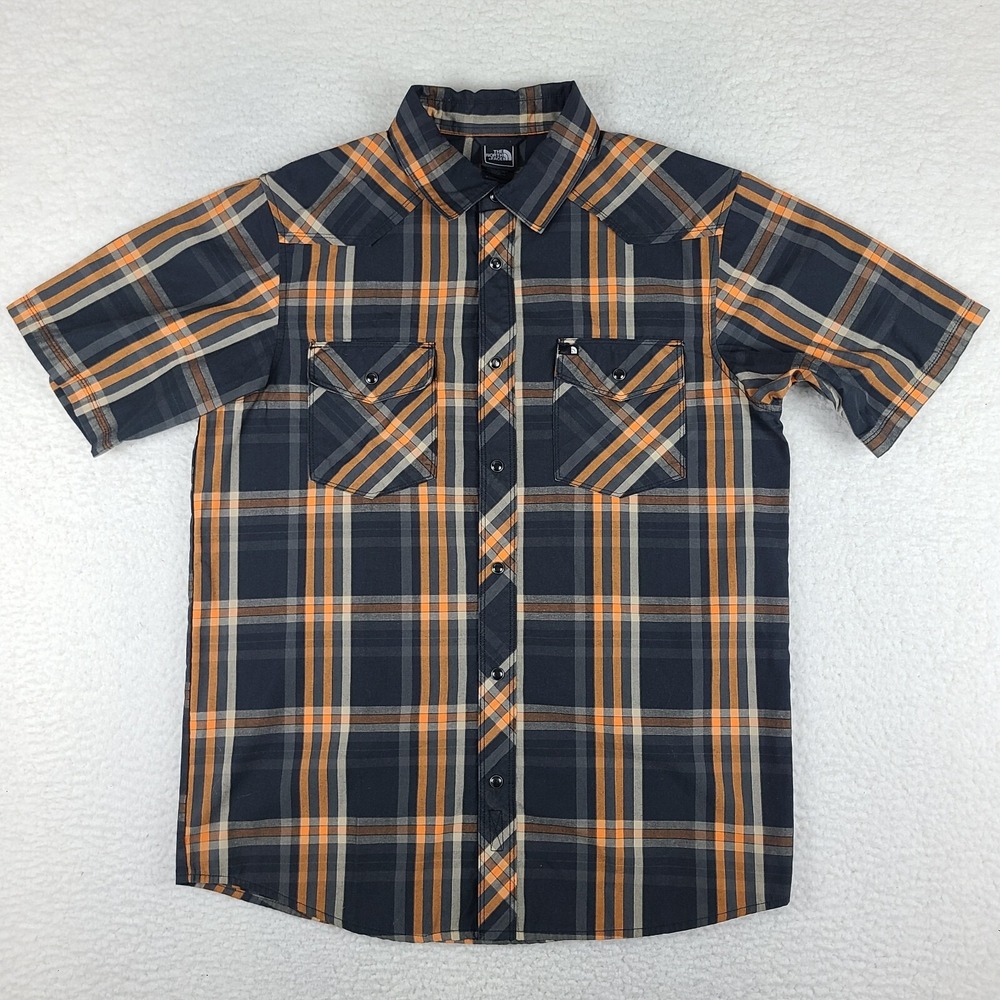 The North‎ Face Shirt Mens Small Black Orange Plaid Casual Snap Button Up